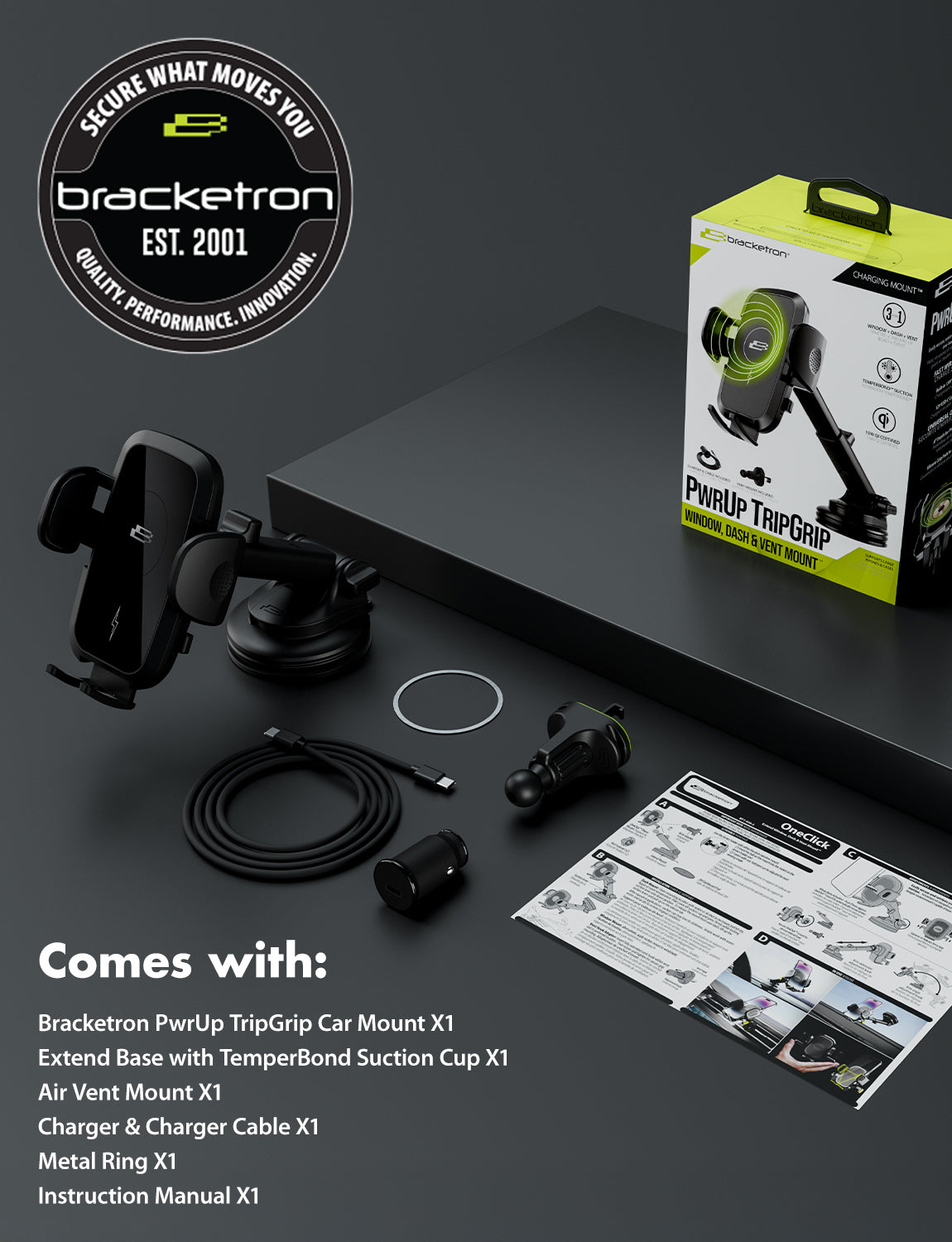 Bracketron PwrUp TripGrip Window, Dash & Vent Mount – 15W Qi Wireless Charging Phone Holder with Telescopic Arm & Temperbond Suction