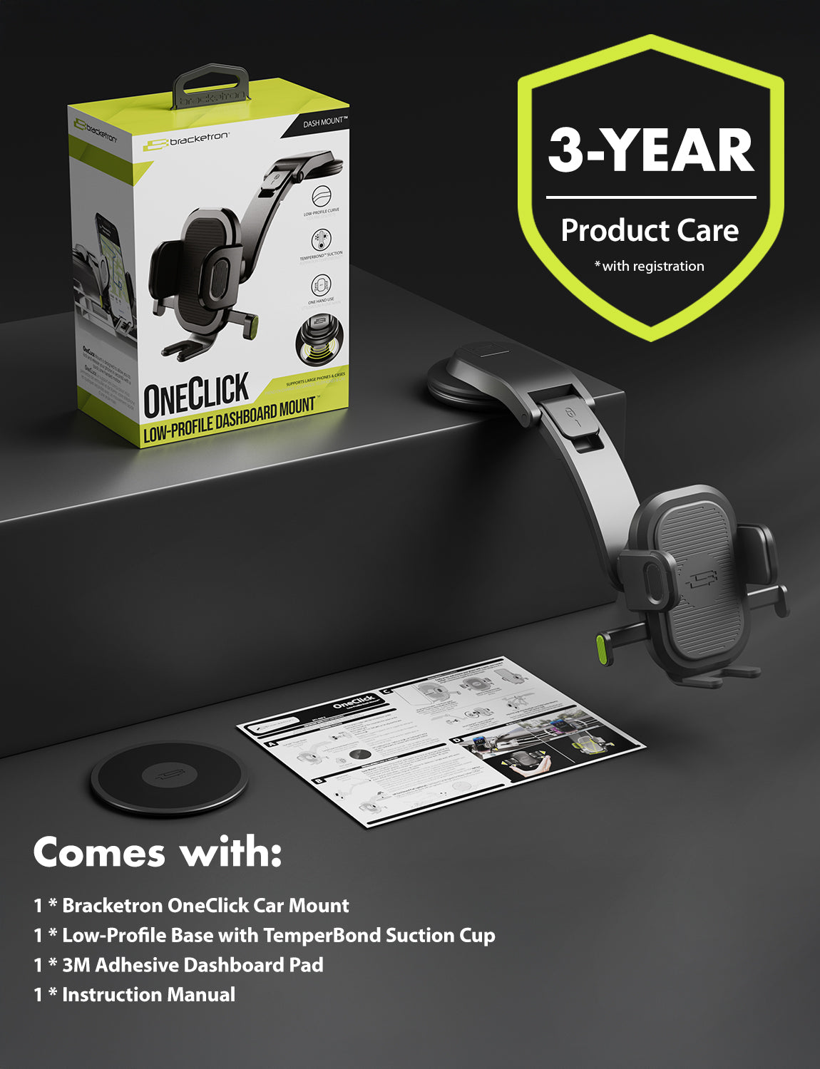 Bracketron OneClick Dash Phone Mount for Car Dashboard