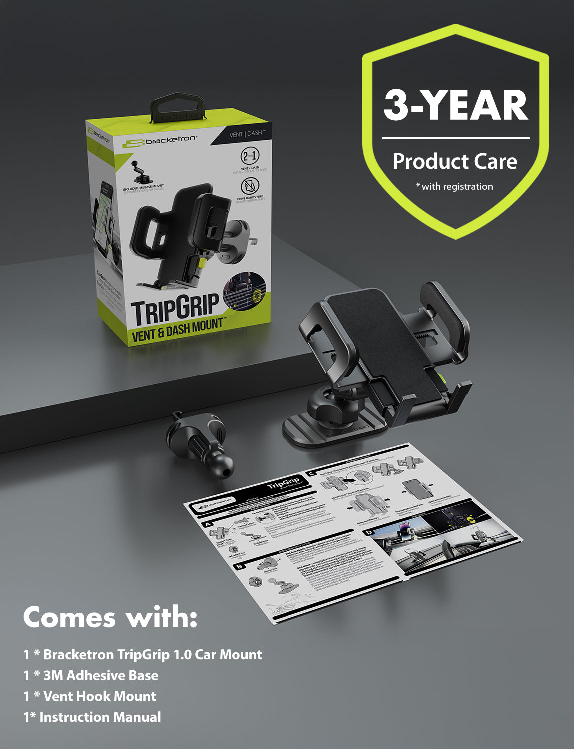 Bracketron TripGrip 1.0 2-in-1 Car Phone Mount, Vent & Dash Holder