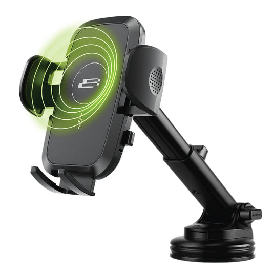 Bracketron PwrUp TripGrip Window, Dash & Vent Mount – 15W Qi Wireless Charging Phone Holder with Telescopic Arm & Temperbond Suction