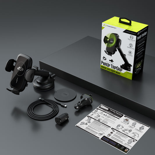 Bracketron PwrUp TripGrip Window, Dash & Vent Mount – 15W Qi Wireless Charging Phone Holder with Telescopic Arm & Temperbond Suction