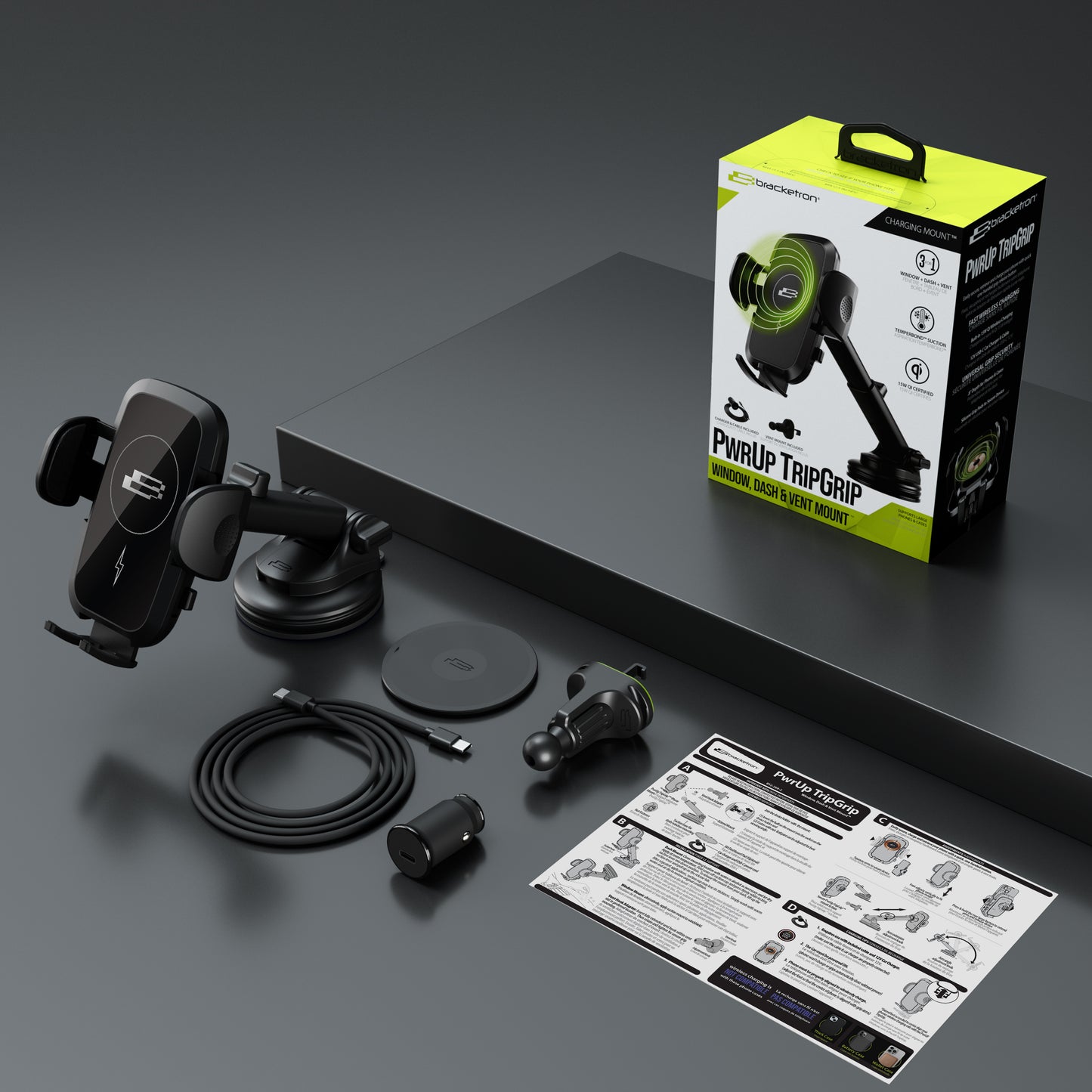 Bracketron PwrUp TripGrip Window, Dash & Vent Mount – 15W Qi Wireless Charging Phone Holder with Telescopic Arm & Temperbond Suction