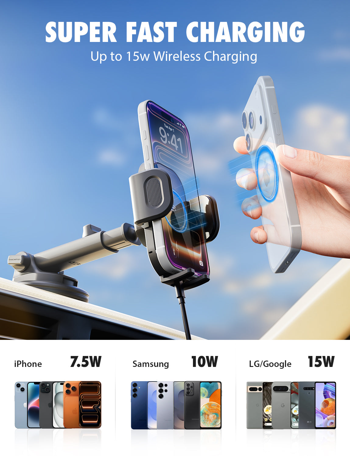Bracketron PwrUp TripGrip Window, Dash & Vent Mount – 15W Qi Wireless Charging Phone Holder with Telescopic Arm & Temperbond Suction