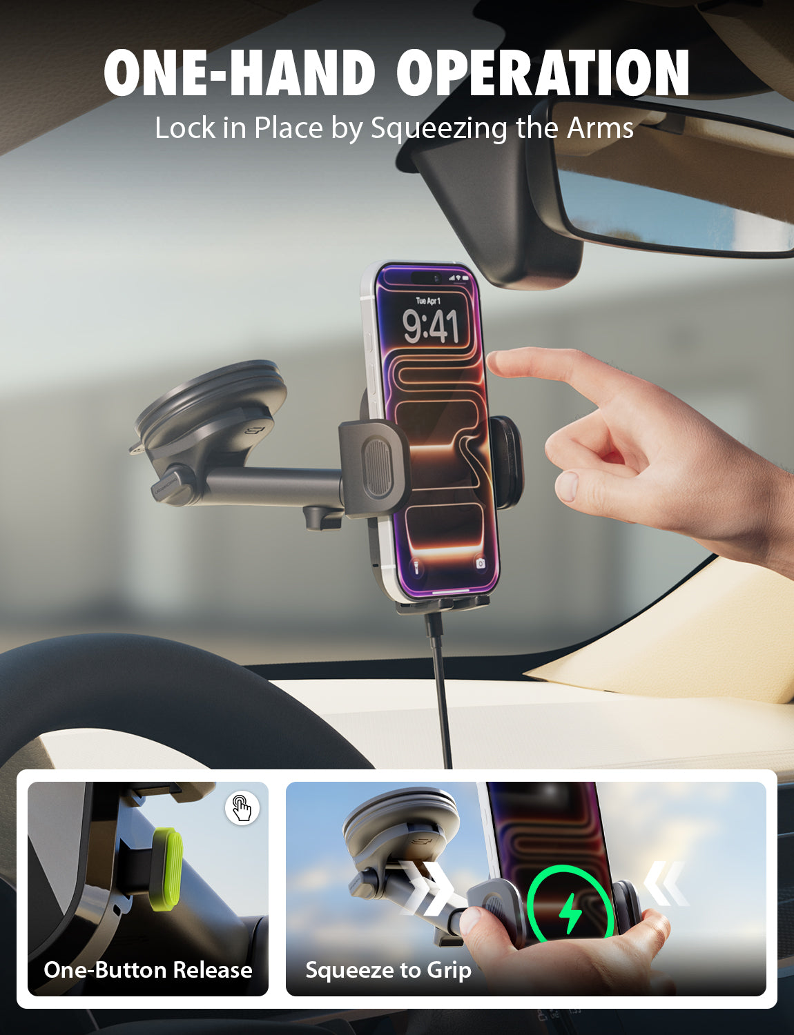 Bracketron PwrUp TripGrip Window, Dash & Vent Mount – 15W Qi Wireless Charging Phone Holder with Telescopic Arm & Temperbond Suction
