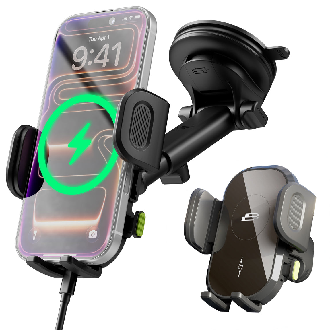 Bracketron PwrUp TripGrip Window, Dash & Vent Mount – 15W Qi Wireless Charging Phone Holder with Telescopic Arm & Temperbond Suction